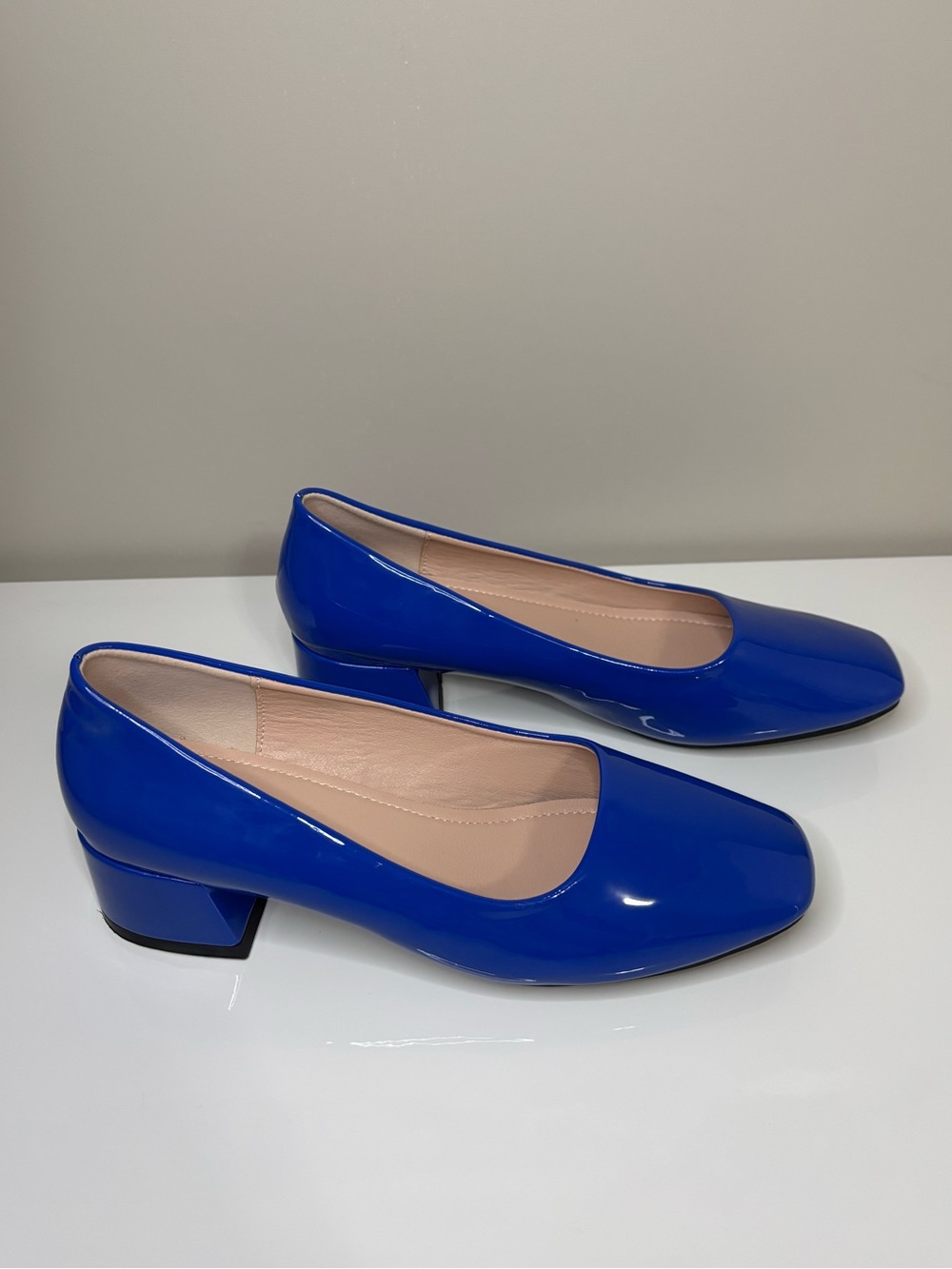 Blue Patent Low Block Heel Pumps